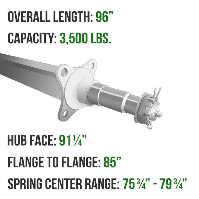 Galvanized 2" Square Trailer Axle 3,500 lbs. Capacity with 1 3/8" x 1