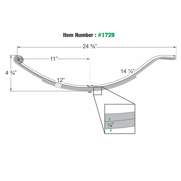 24 5/8" Radius End Slipper Leaf Spring 2 Leaves 1 3/4" Wide 500 lbs. Capacity Slipper Hook