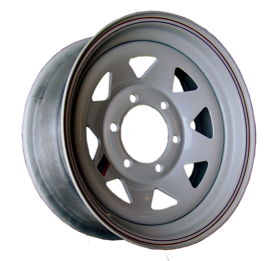 6-5.5 Bolt Circle with Center Cap and Valve Stem 15 x 6 White Modular with Red and Blue Pin Stripe Trailer Wheel 