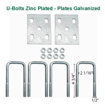 2" Square Axle U-Bolt Kit - U-Bolts Zinc Plated - Plates Galvanized