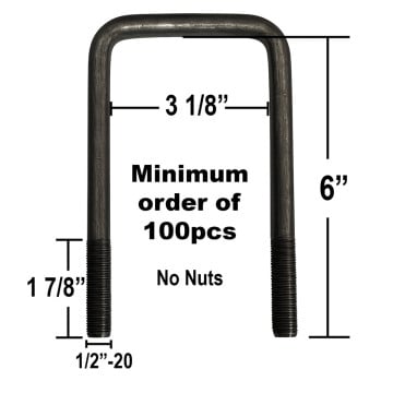 Trailer U-Bolt - Oiled - Square - 3 1/8" x 6" x 1/2" - No nuts - 100pc Minimum 