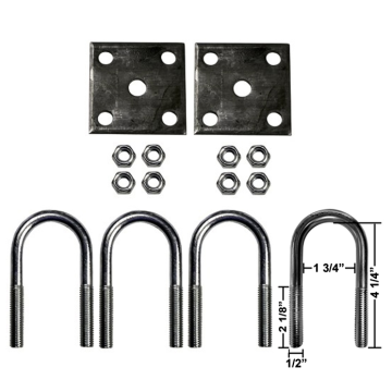 Trailer U-Bolt Kit - Fits 1 3/4" Round Axle - Raw Plates - Zinc U-Bolts