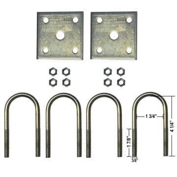 Trailer U-Bolt Kit - Fits 1 3/4" Round Axle - Zinc Plates - Zinc U-Bolts - Zinc Nylock Nuts