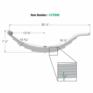 30 1/2" Flat End Slipper Leaf Spring - 5 Leaves 3" Wide - 5,000 lbs. Capacity - Compatible with 072-043-01
