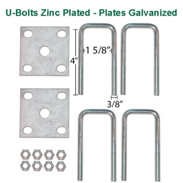 Fits 1 1/2" Square Axle - Trailer U-Bolt Kit with Galvanized Plates - Zinc Plated U-Bolts