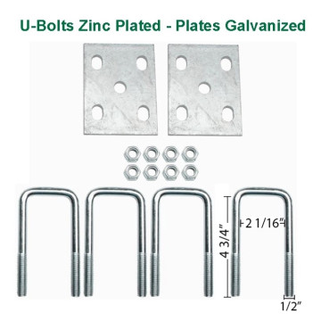 Fits 2" Square Axle - Trailer U-Bolt Kit - U-Bolts Zinc Plated - Plates Galvanized